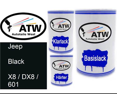 Jeep, Black, X8 / DX8 / 601: 500ml Lackdose + 500ml Klarlack + 250ml Härter - Set, von ATW Autoteile West.